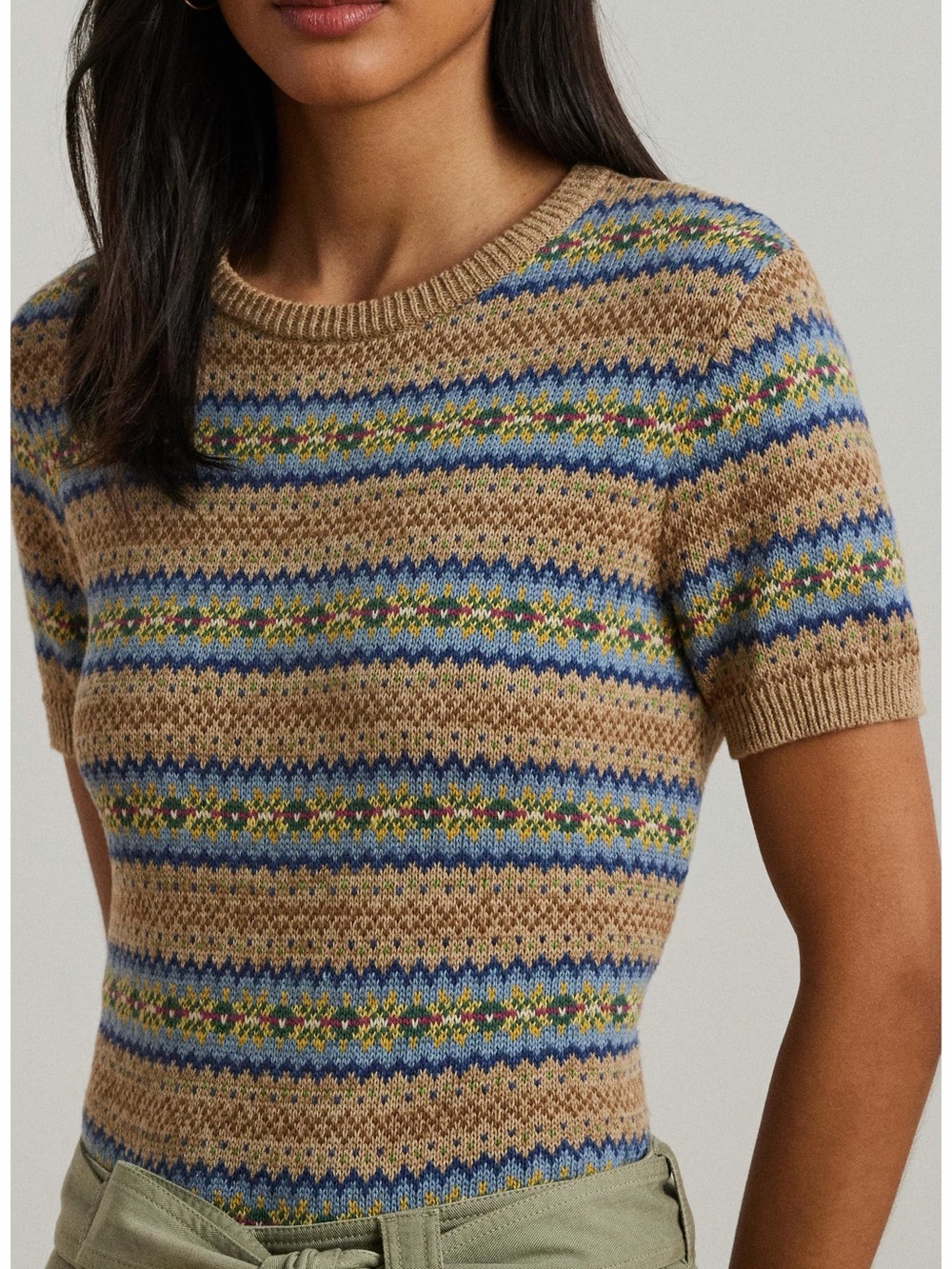 Lauren Ralph Lauren Fair Isle Cotton Linen Short Sleeve Sweater Multicolor PS